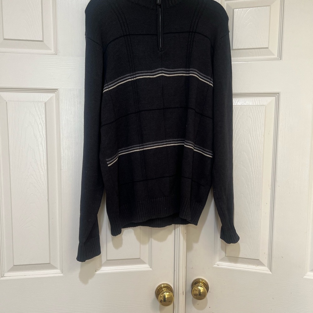 Oscar Dela Renta  Mens Gray‎ Strip Sweater 1/4 Zip Cotton Pullover Size Large